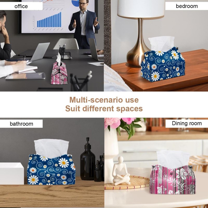 2 Pack Tissue Box Cover Holder, Floral White Flowers Rectangle
