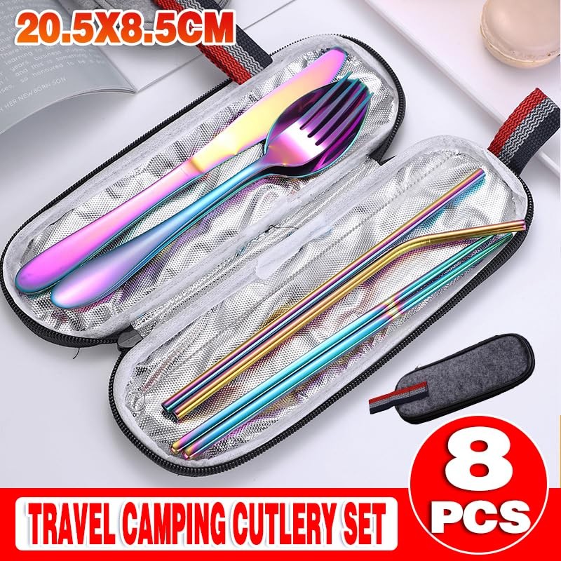 AIMALL 8-Piece Stainless Steel Portable Dinnerware Set with Multi-Coloured Cutlery