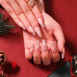 Yatinkim 24pcs Artificial Nail Christmas False Nails Art Medium length White Faux Ongles Glossy Snowflake Decor Women Girls Press on Finger Sticker