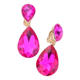 Rosemarie & Jubalee Women's Double Teardrop Statement Glass Crystal Rhinestone Dangle Clip On Bridal Earrings, 2" (Fuchsia Pink Gold Tone)