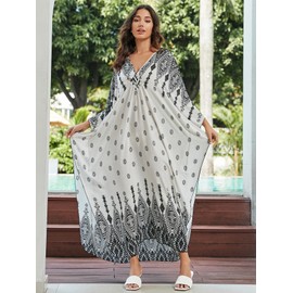 KAICAILA Caftan Dress Ethnic Resort Wear Bohemian Floral Print Loose Fit V-Neck Cover Up Beach Swimsuit for Vacation Poolside