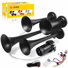 FARBIN Truck Air Horn 150DB Train Horn 12V 4 Trumpet Car Horn for Trucks Super Loud Air Horns with Compressor for Vehicle Truck Car Pickup Jeep SUV Train Boat Matte Black（Black, with Air pump）
