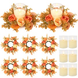 Autumn Rose Candle Rings with Flameless Candles Sets - 12PCS Fall-Themed Artificial Flower Eucalyptus Wedding Centerpiece 3 Inch Pillar Candleholders Wreaths for Wedding Party Decor (6 Set) (Orange)