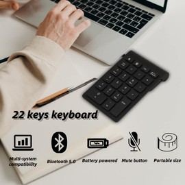 Jopwkuin Bluetooth Number Pad, 22 Keys Number Keypad with Shortcut Key, 10Keys Portable Financial Accounting Number Pad, Bluetooth 5.0 Numeric Keyboard for Laptop, PC, Desktop, Pad