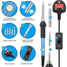 Soldering Iron Kit, SREMTCH 60W / 220V Electronic Soldering Iron with ON/Off Switch Adjustable Temperature knob 200-450 ° C, 100g Wire, 5 Soldering Tips, Desoldering Pump, Stand with Sponge, PU Bag