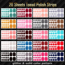 SILPECWEE 20 Sheets Adhesive Nail Polish Strips for Toes Solid Color Nail Stickers Full Nail Wraps Manicure Kit with 1Pc Nail File for Women