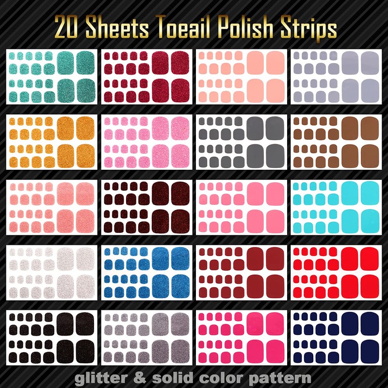 SILPECWEE 20 Sheets Adhesive Nail Polish Strips for Toes Solid