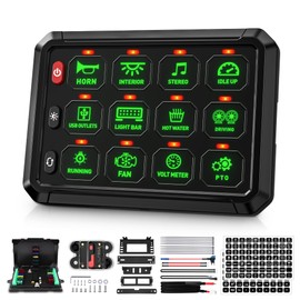 Bumbee Green 12 Gang Switch Panel 5-Level Brightness Switches, Multifunction Toggle Switch Box Circuit Control Relay Momentary, High Power 3 Silicone Button for Cart Car Truck SUV RV Offroad Marine