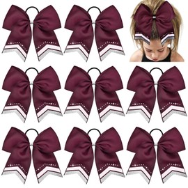 8PCS Glitter Cheer Bow Large Maroon Cheer Bows Rhinestones Hair Bows Girls 8"Cheerleading Bows Bulk Elastic Band Ponytail Holder for Teen Girls College Sports Competition
