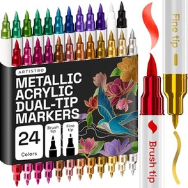 ARTISTRO 24 marcadores metálicos de pintura acrílica – Bolígrafos de pintura de doble punta pincel + fino ideal para caligrafía – Perfecto para tela, 