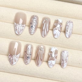 Press on Nails Medium Almond 3D Aesthetic Fake Nails French Tip False Nails with Starfish Shell Pearls Designs White Glossy Glue on Nails Summer Beach Stick on Nails for Women Girls 30Pcs(xs/s/m)
