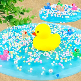 Blue Crystal Slime with Cute Yellow Ducks & Beads – Soft, Non-Sticky Sensory Toy with Foam Beads for Kids & Teens – Stress Relief & DIY Gift for Girls and Boys