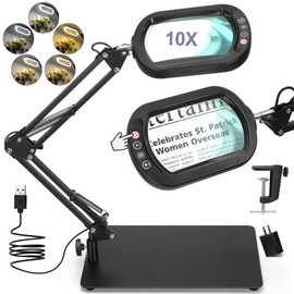 10X Square Magnifying Glass with Light and Stand, Real Glass LED Lighted Magnifier, 5 Color Modes Stepless Dimmable, Hands-Free Mag Desk Lamp with Clamp for Reading Craft Hobby Close Work