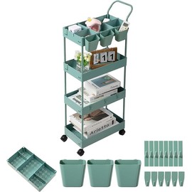 danpinera Slim Storage Cart on Wheels, 4 Tier Narrow Laundry Cart with Hooks Hanging Cups Dividers Mobile Rolling Lash Cart with Handle for Bathroom Small Spaces, Green