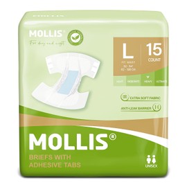 MOLLIS Adult Diapers for Women and Men, Unisex Disposable Incontinence Briefs with Tabs, Odor Control, Large, 15 Count