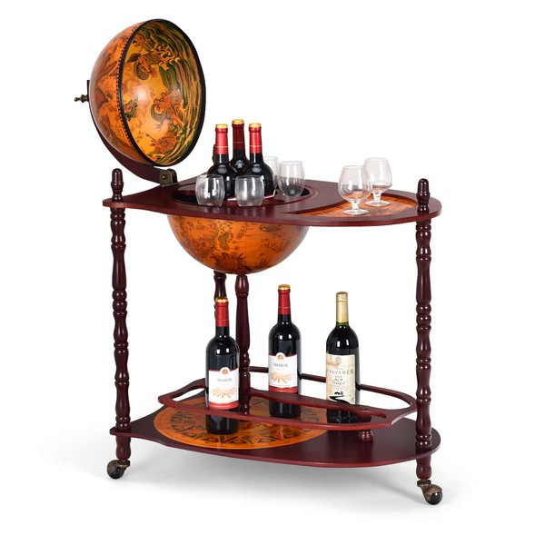 Goplus Globe Bar, 34.5” Globe Bar Liquor Cabinet with Wheels, Bottom Shelf, Old World Map, 16th Century Italian Replica Bar Globe, Retro Wine Stand, Globe Bar Cart for Dining Room Living Room Home