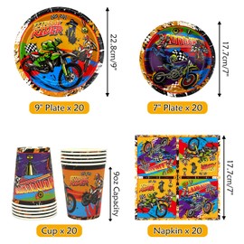 Dirt Bike Party Supplies Serves 20 , Includes Plates, Cups, Napkins, for Kids Boys Girls Motorcycle Extreme Sports Birthday Decorations (Serve 20)