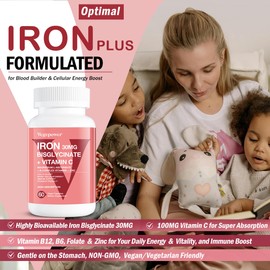 Iron Bisglycinate Supplement for Women & Men - 30mg Iron Pills with Vitamin C, B12, Folic Acid - Chelated Iron for Anemia, Health Blood - High Absorption, Gluten-Free, Non-GMO - 60 Vegan Caps