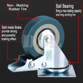 DSL Heavy Duty Braked 50mm Swivel Castor Wheels Trolley – Caster Wheels set of 4 – Rubbered Castors for Furniture – upto 200KG + Free Fitting