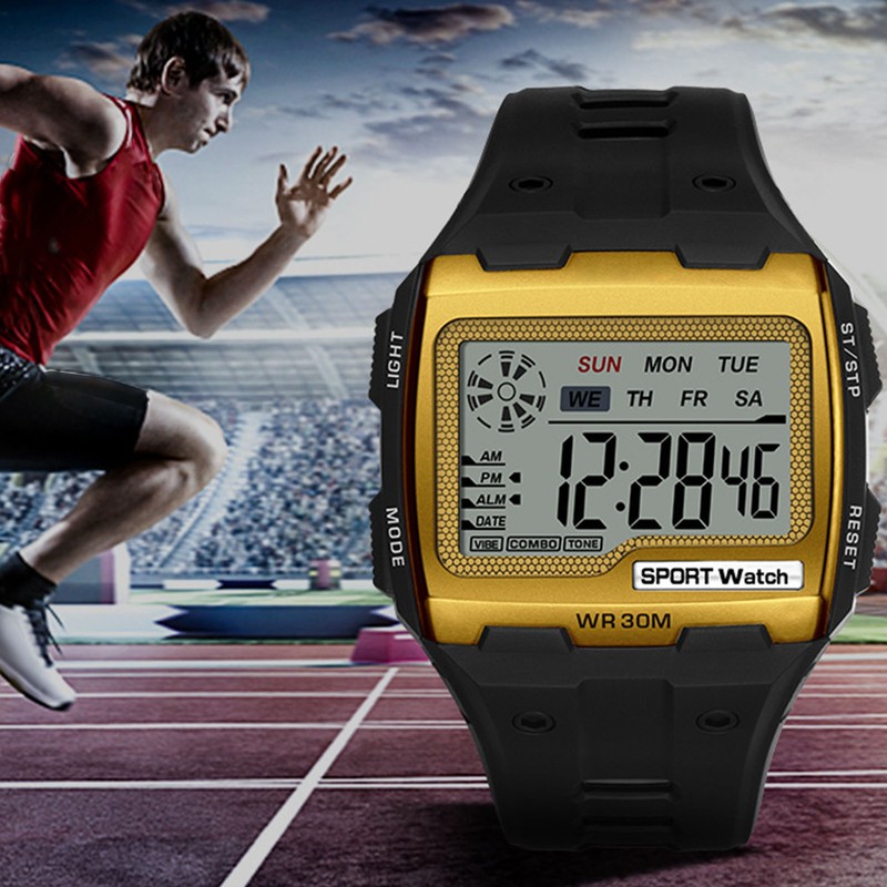 Digital Sport Watch Large Display LED Alarm Clock Shockproof 12/24