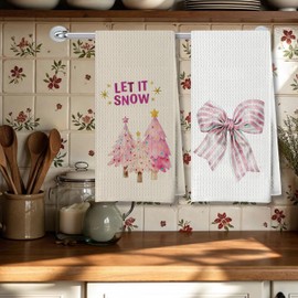 AgriFusion Tech Let It Snow Christmas Tree & Pink Bow Kitchen Towels, Holiday Hand Towels for Bathroom, Christmas Dish Tea Towels, Christmas Bathroom Kitchen Decor, 16x24 Inch (Set of 2)