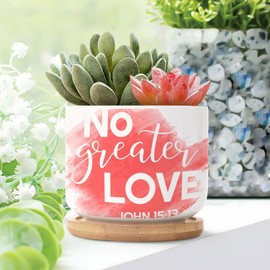 DecStic No Greater Love Planters Ceramic Bible Verse Round Plant Pots with Drainage Holes and Bamboo Tray Pot for Pots Outdoor Indoor Plants