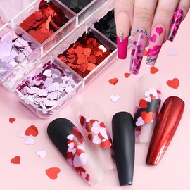 ROFIBUT Heart Nail Art Glitter Sequins Valentine's Day Nail Art Supplies 3D Holographic Love Heart Nail Glitters Flakes Laser Pink Black Heart Nail Art Decorations for Women Girls Nail Decor 6 Grids