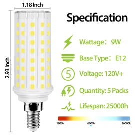 AUMAYCO 5Pack E12 LED Bulb Dimmable Candelabra Led Light Bulbs 100W Equivalent 9W Light Bulb, 1000 Lumen Daylight White 6000k Chandelier Bulbs for Ceiling Fan, Home Lighting