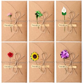 Cisolen 12 Pieces Retro Kraft Paper Envelopes Greeting Card ​ Invitation Card Envelope Dried Flowers Decorated Postcard 6 Styles (17.5 cm x 11 cm)