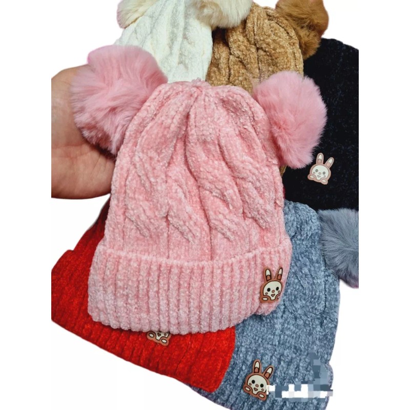 K&H Gorro Para Niñas Con Dos Pompones Conejito Afelpado Invierno