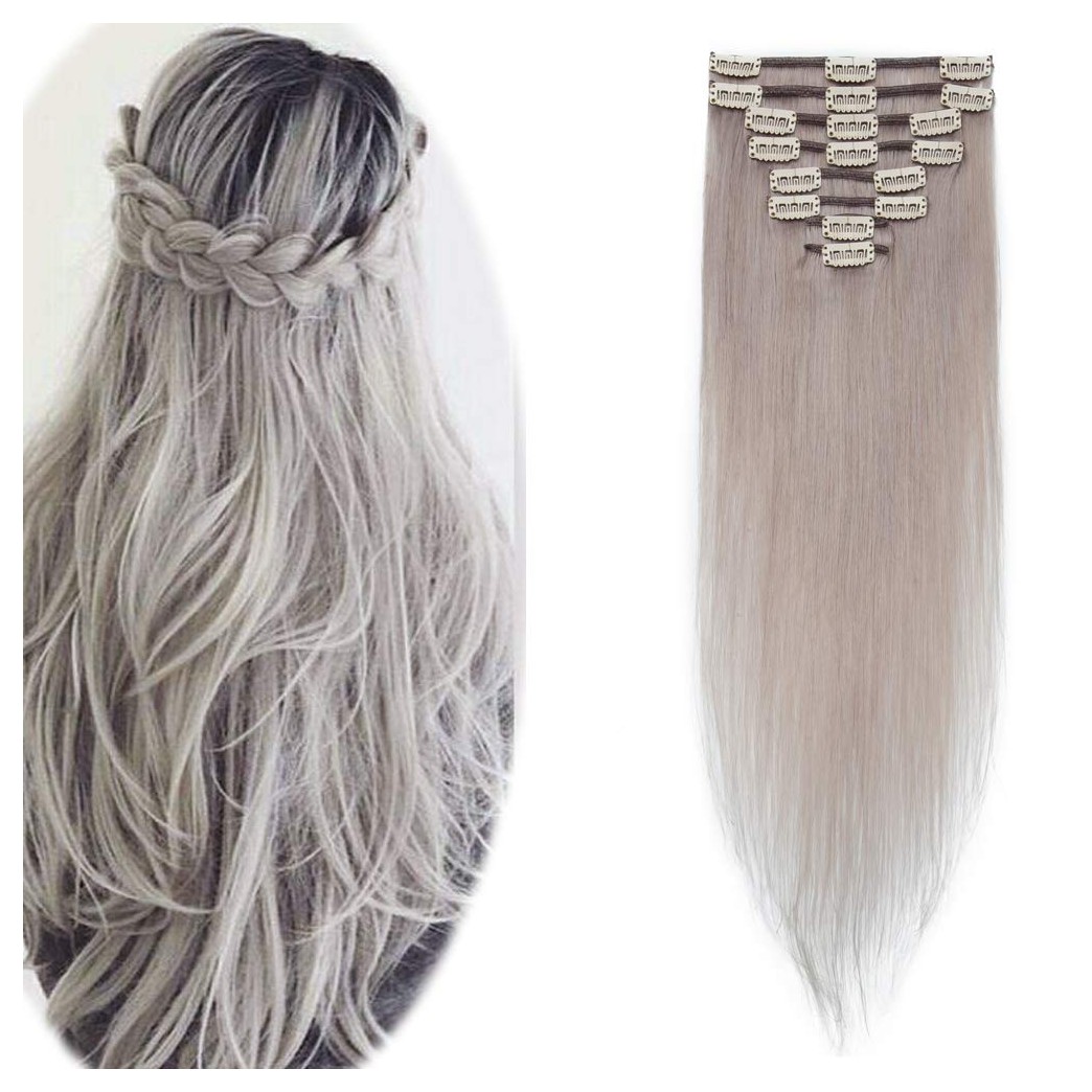 Hairro Clip in Hair Extensions 100% Human Hair Thin Grey 12 Inch Short Straight Human Hair Clip on Hairpieces 55g Machine Weft 8pcs 18 Clips for Women
