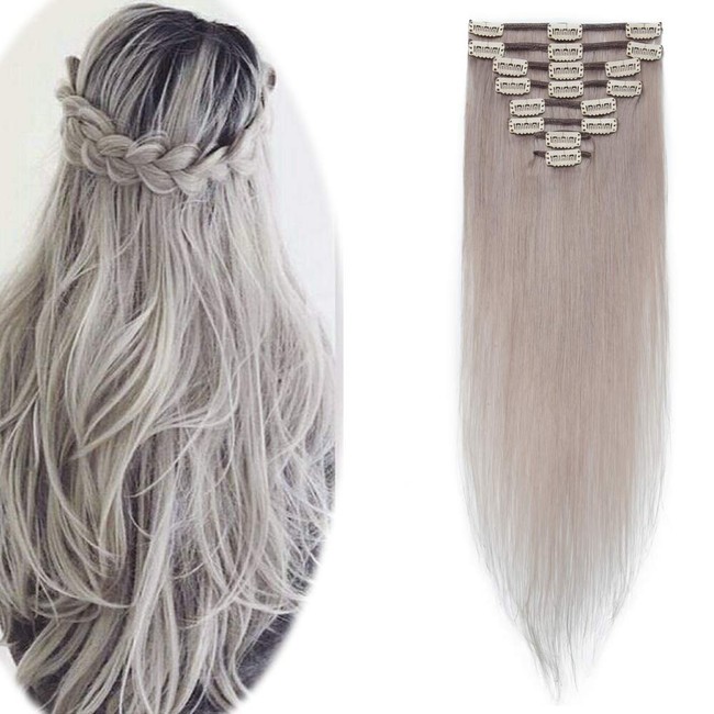 Hairro Clip in Hair Extensions 100% Human Hair Thin Grey 12 Inch Short Straight Human Hair Clip on Hairpieces 55g Machine Weft 8pcs 18 Clips for Women