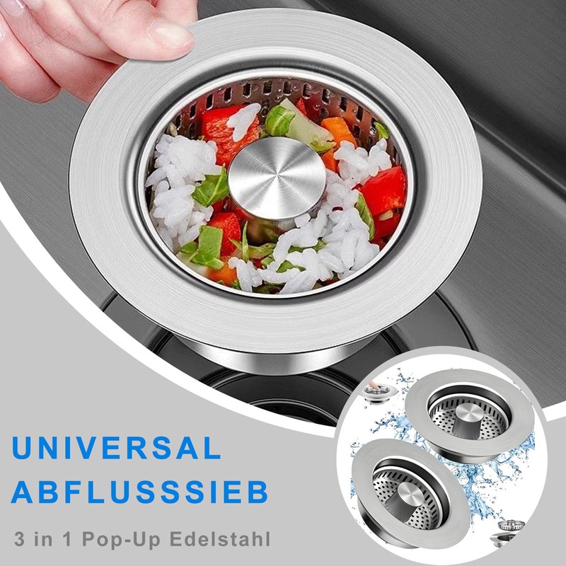 Universal Drain Strainer Kitchen Sink and Sink Plug, 3-in-1 Pop-Up