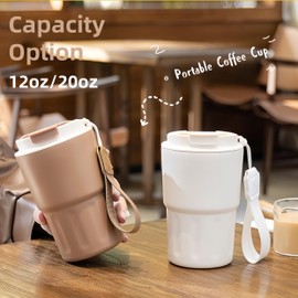 HOORMED 12oz/20oz Portable Coffee Cup with Built - in Carry Rope - 7 Color Options, Ideal for On - the - Go Coffee Lovers (Pink/Black/White/Purple/Yellow/Brown/Blue) (Brown, 20oz)