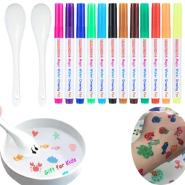 ZMMCHCG Kiddies Create Magical Water Floating Drawings Bundle, 12 Colors Magical Water Painting Pens for Kids, Magic Drawing Water Art Markers Set with 2 Spoons for DIY Tattoo, Gifts for Boys Girls