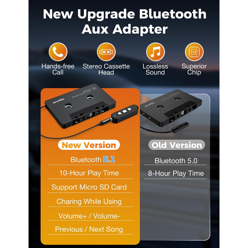 arsvita Car Audio Cassette to Aux Adapter, 5.1 Bluetooth Receiver