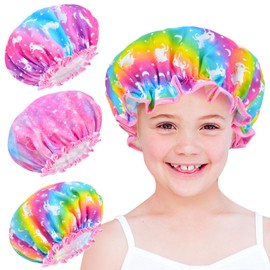 Little Girl Unicorn Shower Cap - Cute Rainbow Long Hair Childrens Adjustable Waterproof Toddler Head Cap For Girls While Taking Shower