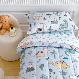 Joyreap 4 Piece Toddler Bedding Set, Cute Dinosaur on Light Blue, Ultra Soft Microfiber Toddler Comforter for Kids Boys Girls, Includes Quilted Comforter, Fitted Sheet, Top Sheet, and Pillow Case