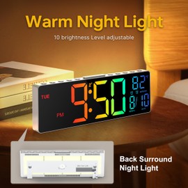 HAITANG 10.5'' Digital Wall Clock with Remote Control, Dual Alarm Wall Clocks for Living Room, Bedroom, Kitchen Decor, 8 RGB Colors Large LED Dispaly, Auto Brightness, Date, Auto DST, Temperature