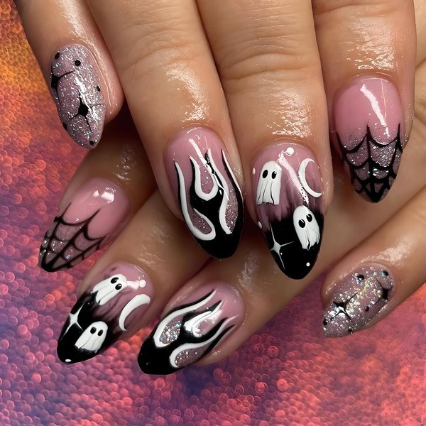 Halloween Press on Nails Medium Almond 3D Fake Nails Spider