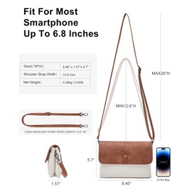 TFKGS Small Crossbody Bags for Women, Vegan Leather Travel Purse, Cell Phone Shoulder Bag with Adjustable Strap&Card Slots White with Brown