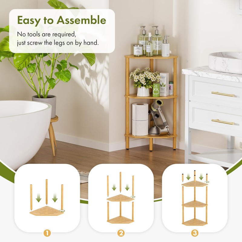Atoping 3 Tier Bamboo Corner Shelf, Storage Stand with Adjustable