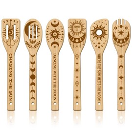 GLOBLELAND 6Pcs Sun and Moon Bamboo Cooking Utensils Wooden Engraved Cooking Spoons Set Moon Phases Carving Kitchen Bamboo Spatula Set Wood Cooking Spoon for Kitchen House Warming Gift