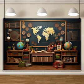 ChloropLastid Back to School Backdrop 10x6.5ft Classroom Decorations World Map Bookshelf Globe Photography Background Kids Study Bedroom Wallpaper Birthday Party Decor Photoshoot Studio Props