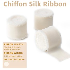 Husfunov Ivory Handmade Chiffon Ribbon,1.5Inch x 3 Rolls Total 24 Yards Ivory Fringe Chiffon Silk Ribbon,for Wrapping Wedding Invitations,Bridal Bouquets,DIY Crafts,Home Decor and More