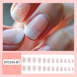 White French Press on Nails Short Square WLGDLH Fake Nails Glossy Design Glue on Nails Spring Nude Nails Press ons Full Cover Stick on Nails Acrylic False Nails for Women 24 Pcs