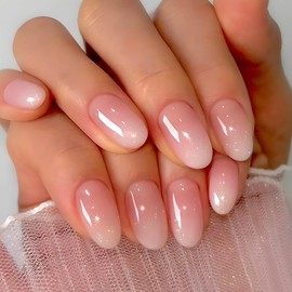Almond Press on Nails,Acrylic Nails Press on, Almond Shape Press On Nails Short Fake Nails Glossy False Nails with Pink White Ombre Press ons Designs Artificial Nails Stick on Nails for Women 24Pcs