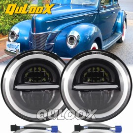 QULOOX For Ford Deluxe 1939-1951 7" INCH Round LED Headlights High/Low beam Pair