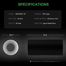 iPower 10 inch 25 feet Flex Air Aluminum Foil Ducting 4 Layer Protection Dryer Hose with Clamps, for HVAC Ventilation/Grow Tents/House Vent, Black