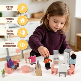 Wooden Dollhouse Furniture Set，Miniature Doll Furniture Accessories with 5 Rooms,for Kitchen, Living Room, Bedroom, Bathroom, Babyroom,Pretend Play Furniture for Toddlers 3 4 5 6 Years Old